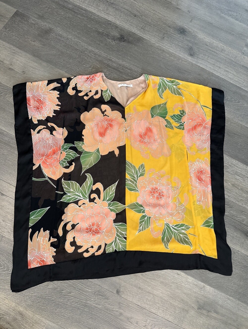 Trina Turk Love Two-Toned Floral Print Scarf Kaftan Caftan V-Neck Dress - LRG